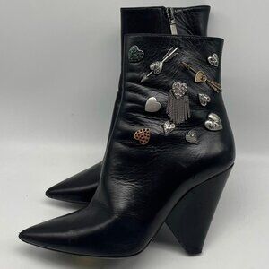Saint Laurent Black Leather Charm Embellished Mid-Calf Bootie sz 38.5